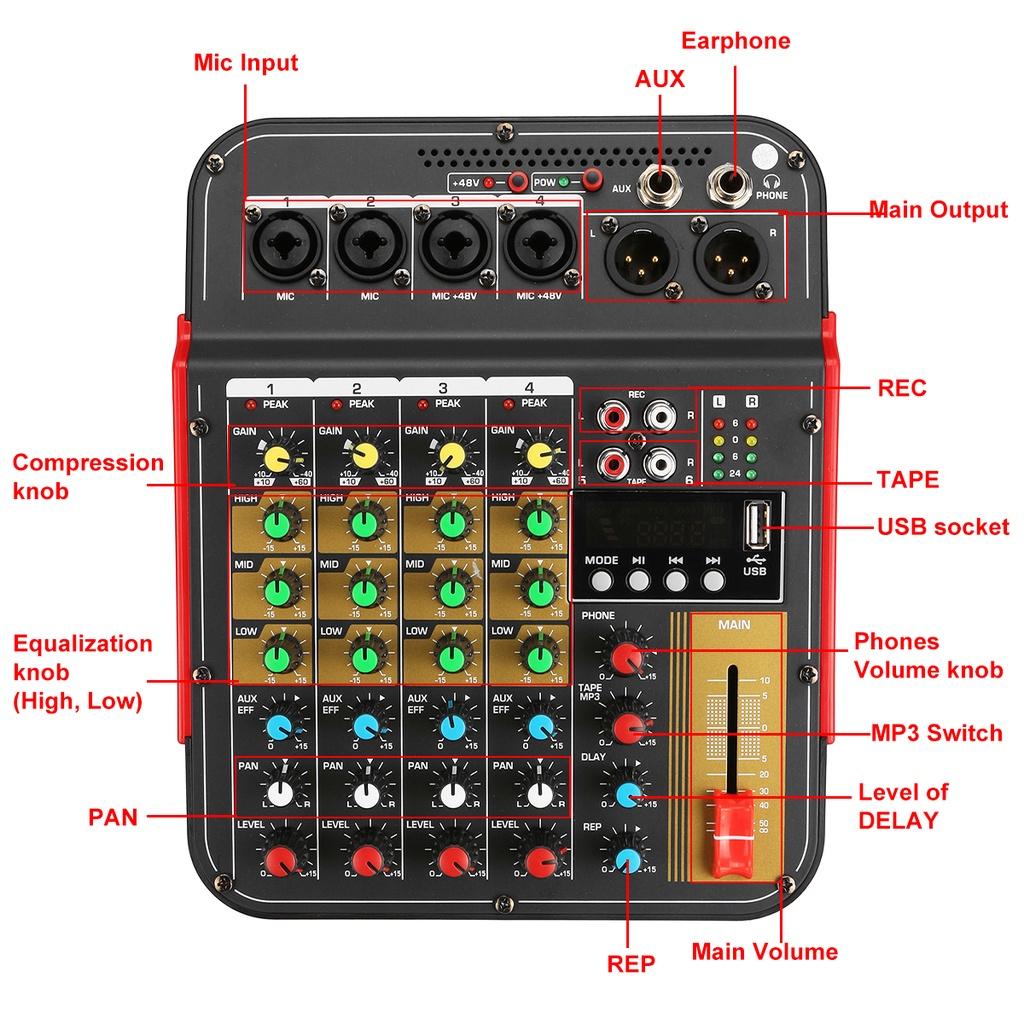48V Wireless 6-Channel Mixer Audio Professional Portable Sound Mixing Console USB Interface Built-in Phantom Power