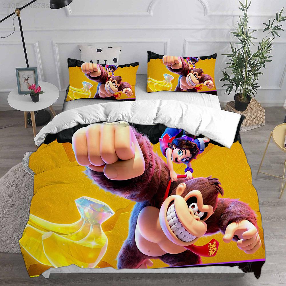 D-Donkey K-Kong B-Bananza Bedding Sets Single/Twin/Double Size Duvet Cover Set 2/3 Pieces Sets Gifts for Gamer Kids Adult Size