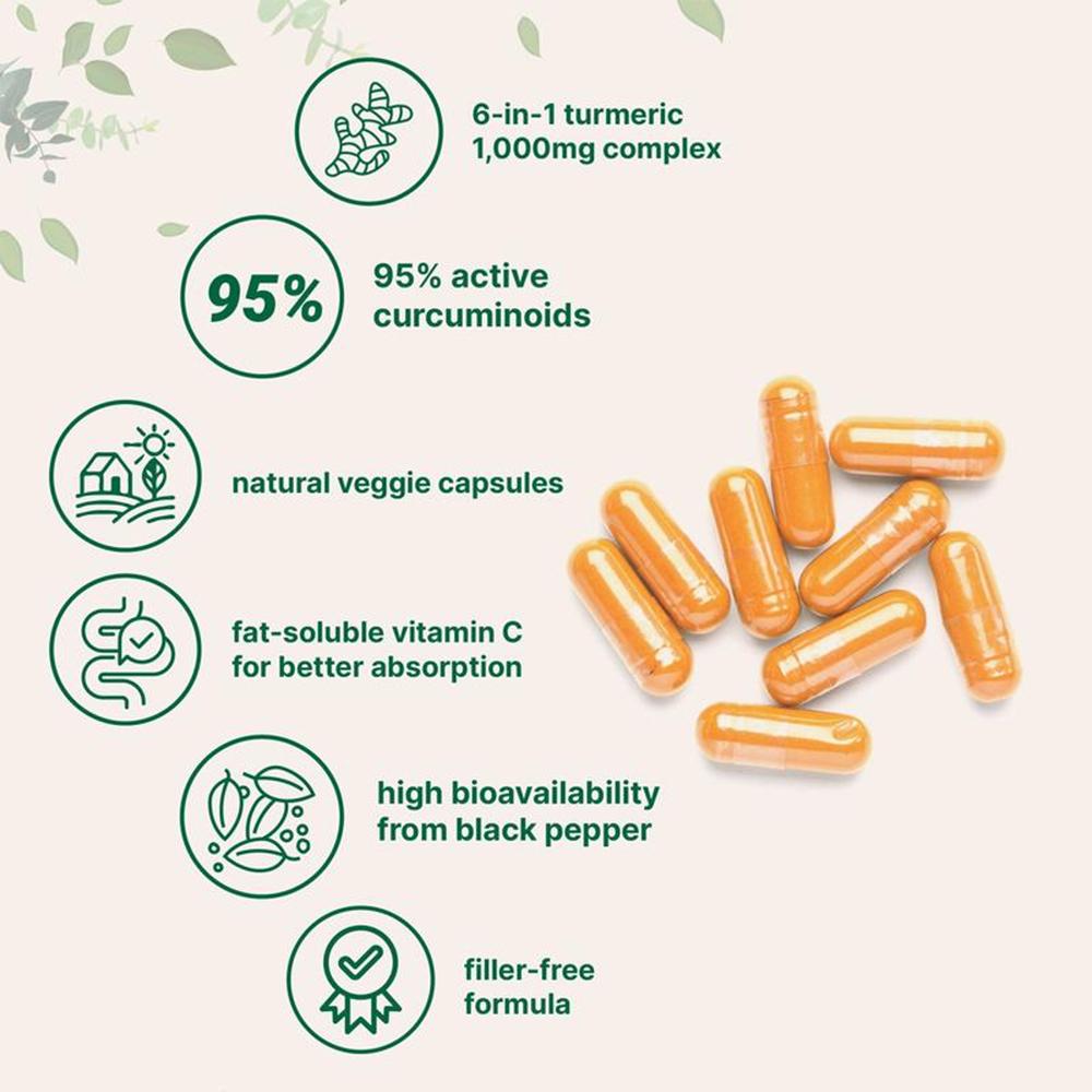 6-in-1 Turmeric Curcumin Complex 1000mg 120 Veggie Capsules Dietary Supplement