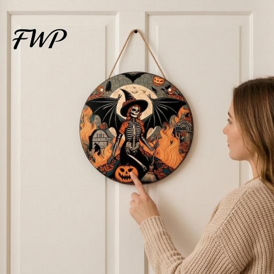 Outdoor Fall Porch Decoration Halloween Wooden Sign, Round Hanging Pendant with Lanyard, Retro Distressed Farmhouse Style Festive Accents Wood