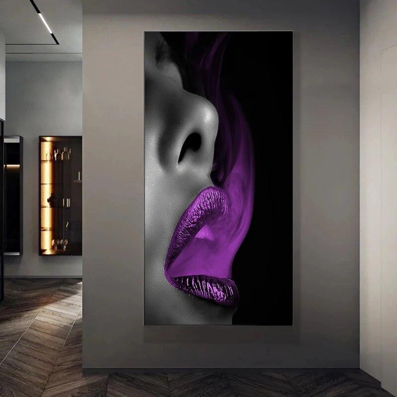 Современное искусство Интерьерная живопись Женщина Сексуальные красные губы Коса Красный дым Холст Картина Плакат и принт для декора стен гостиной Без рамки