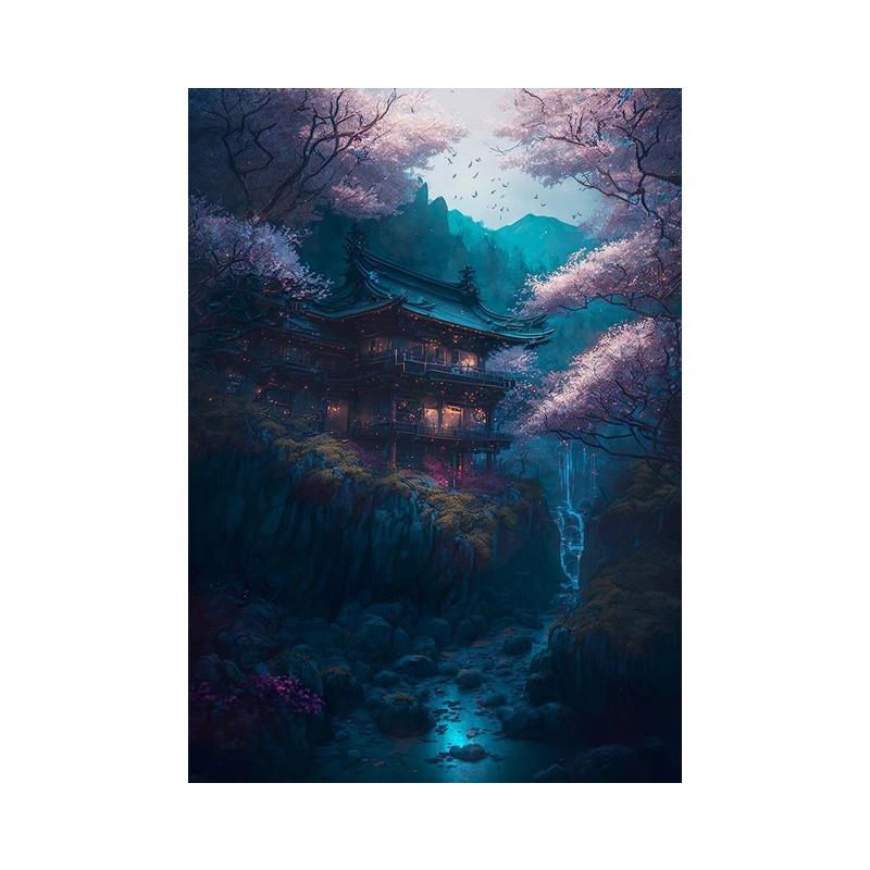 Ретро Фэнтези Япония Дом Деревенский Пейзаж Плакаты и принты Холст Картины Озеро Сакуры Настенное Искусство Для Гостиной Домашний Декор