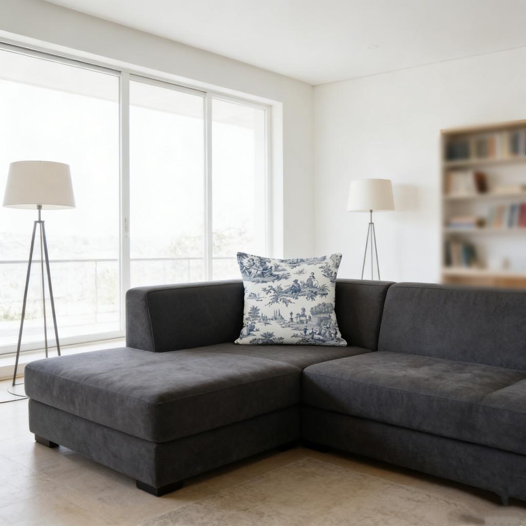 Blue Toile Pillow Covers,Navy Blue And Beige French Countries Cotton Linen Decorative Throw Pillow Case Cottage Vintage Cushion Cover For Bedroom Sofa