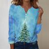 Women's Fashion Casual V-Neck Long Sleeve Decorative Button Christmas Print Top