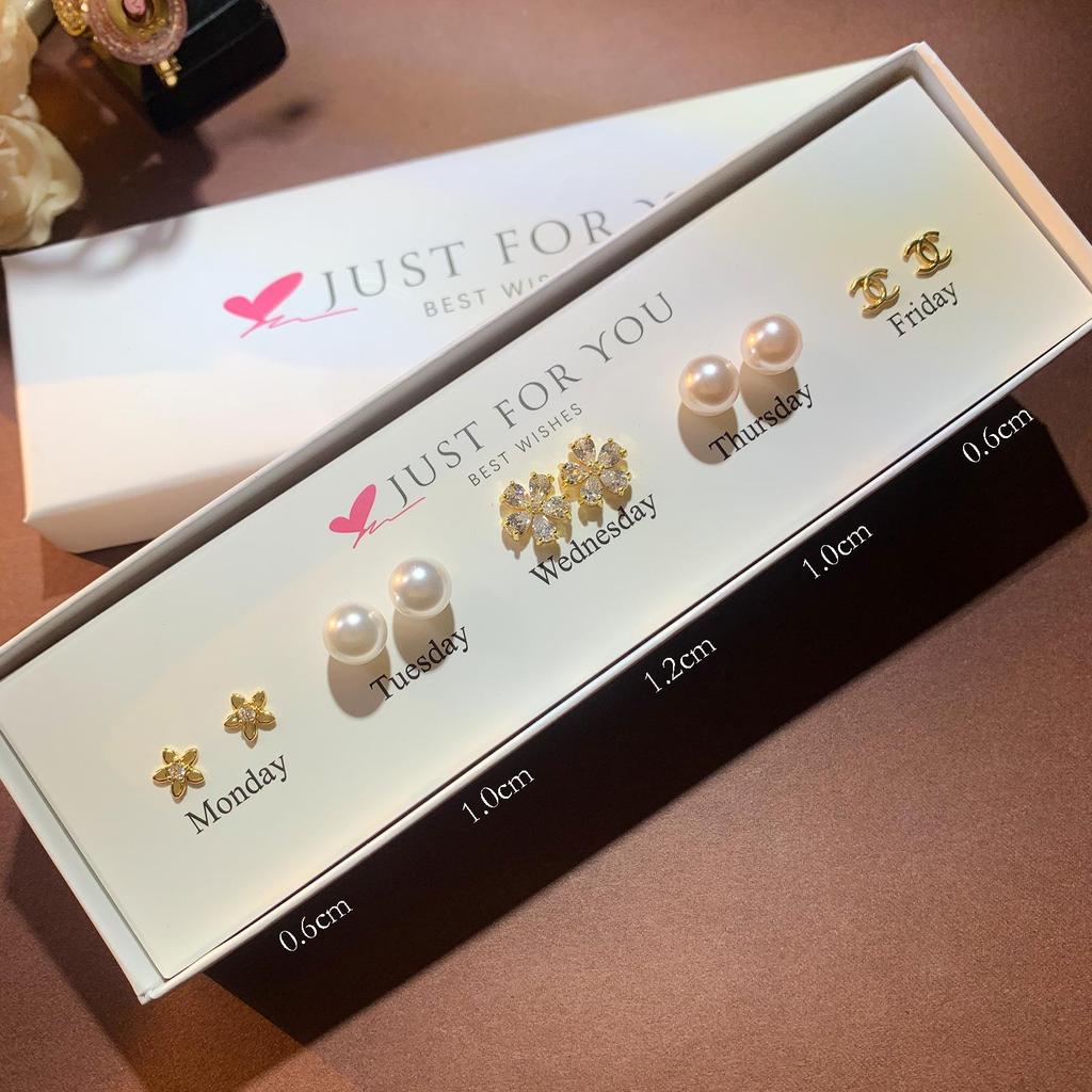 Набор серег-пуссетов в форме сердца с цирконом, цветком и жемчугом для женщин