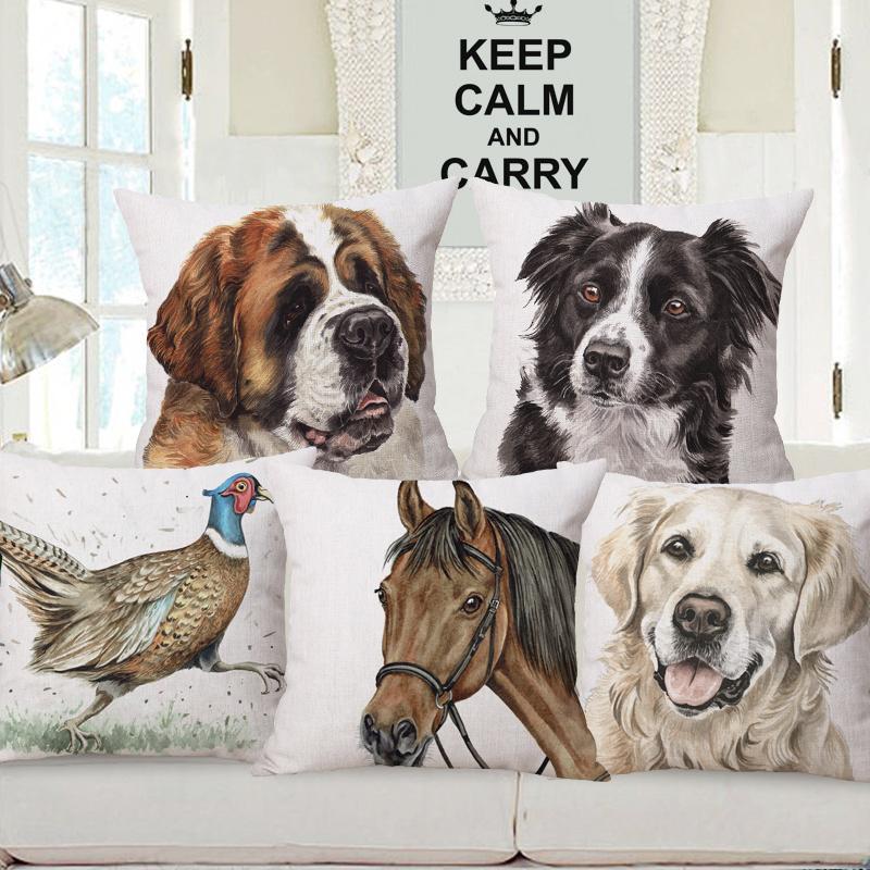 Border Collie Black Labrador Bay Horse Cock Dog Animals Poster Hand Painting Cushion Covers Decorative Pillows For Sofa