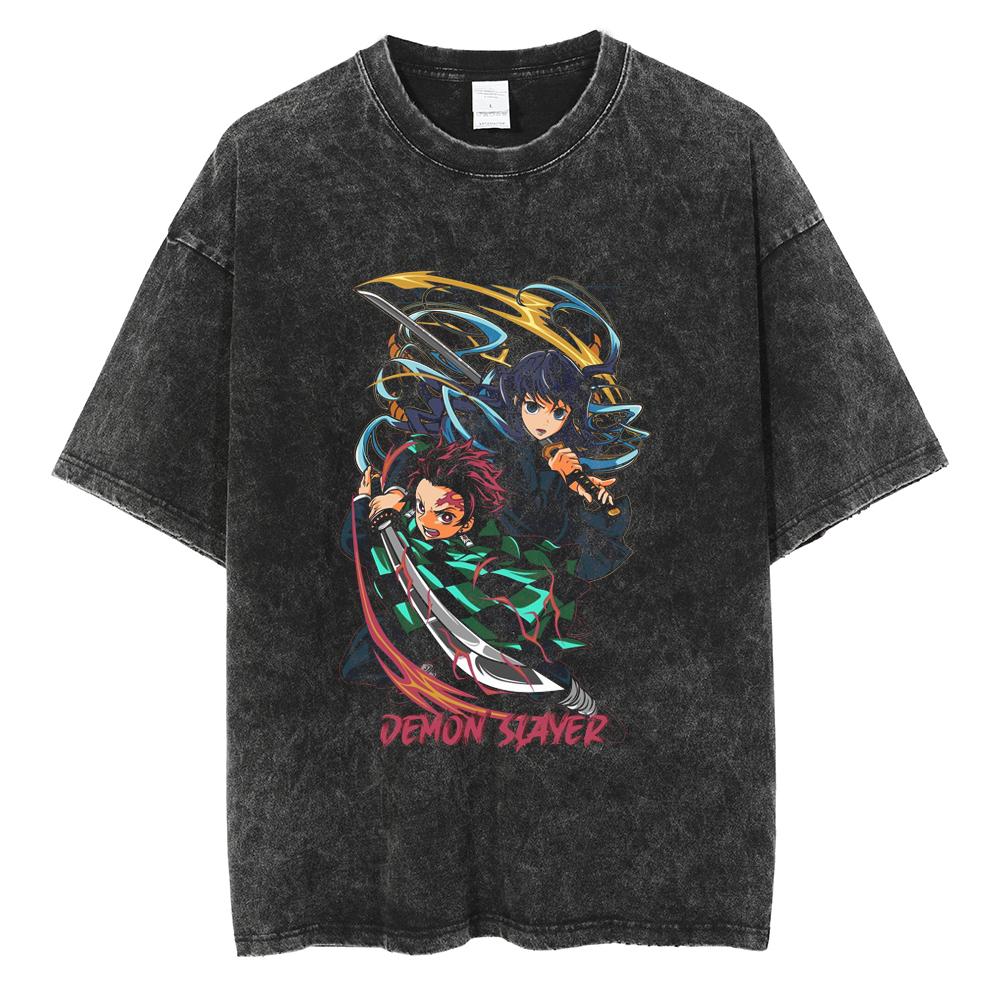 Anime Demon Slayer Tanjirou Nezuko Zenitsu Inosuke Cute Graphic Tshirt Men Women Washed Cotton T-shirts Harajuku Male Manga Tops