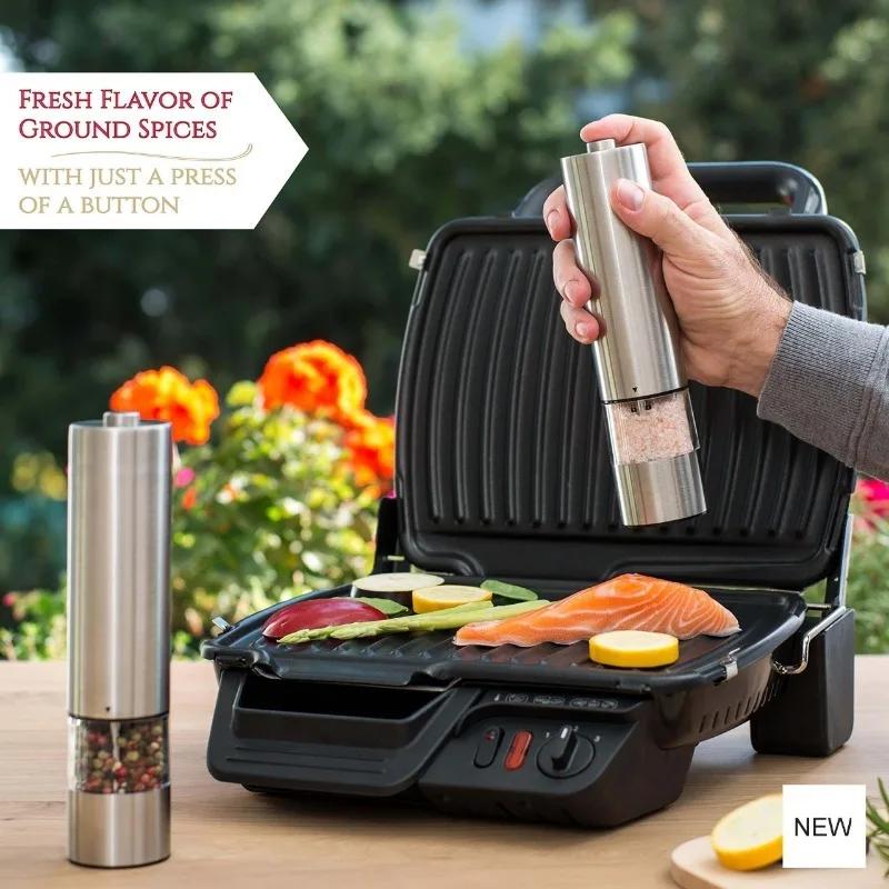 Электрическая мельница для соли и перца - Мельница из нержавеющей стали с питанием от батареи и подсветкой - Автоматическая, управление одной рукой