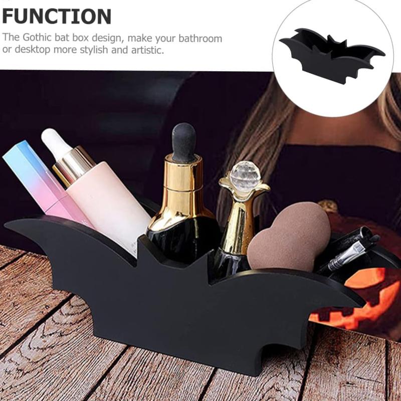 Halloween Bat Makeup Brush Holder Gothic Wooden Storage Box Display Holder Cosmetics Jewelry Storage Tray Home Party