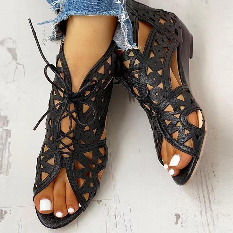 Wedge Sandals for Women 2024 Summer Shoes Fashion Lace Up Low Heel Flat Ladies Sandals Large Size Casual Hollow Out Sandalias