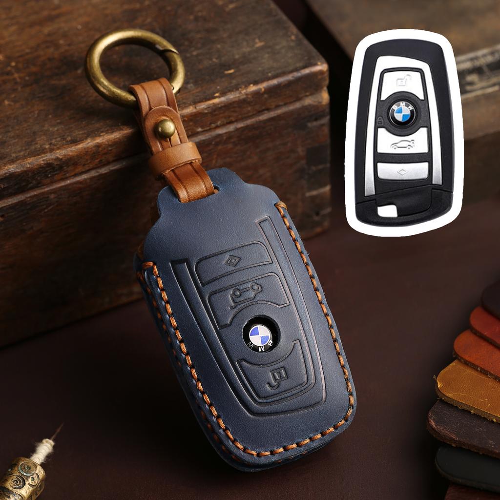 Genuine Leather Key Case for BMW 3 5 7 Series X1 X3 X5 X6, Full Cover Fob Protector with Metal Keychain, F20 F30 F10 Compatible msvc59