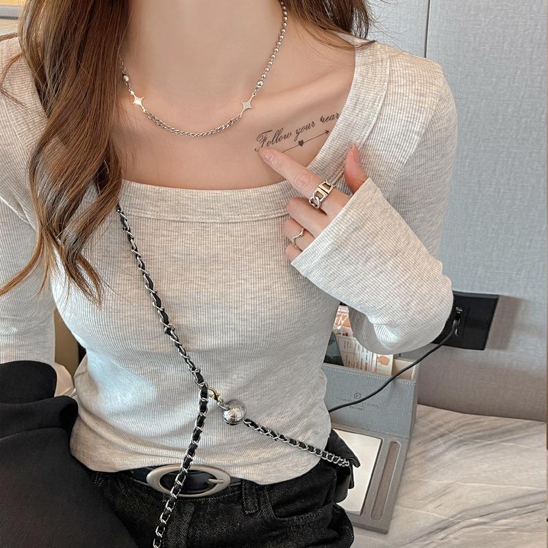 Threaded Square Collar Spring And Autumn Can Be Worn Outside The Top And Inside The Women's High-end Modal Slim Long-sleeved