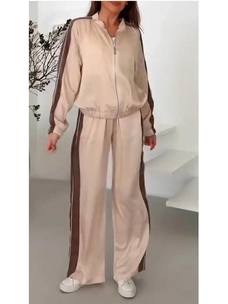 Модный комплект из однотонной куртки со вставками и широких длинных брюк Весна-Осень 2025