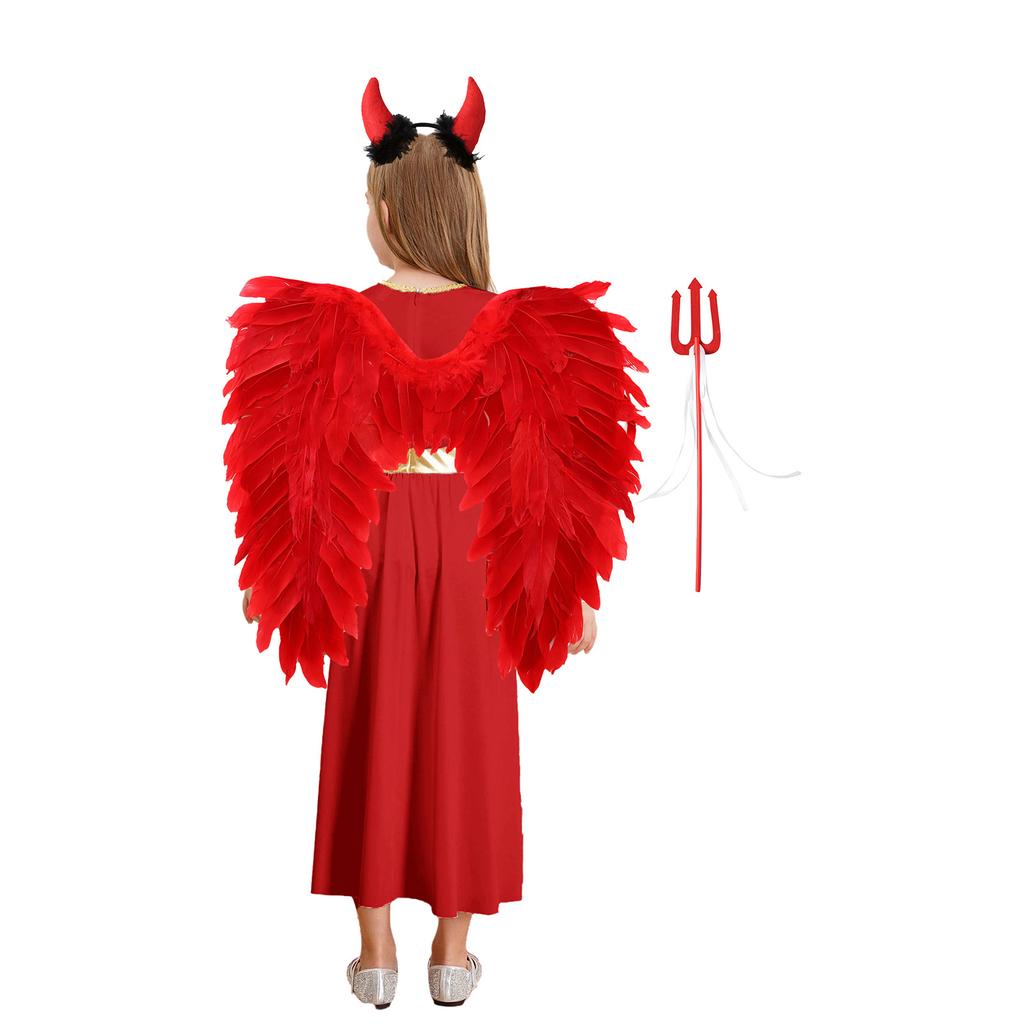 Girls Halloween Party Costume 4Pcs Angel Set with Dress Wings Headband & Wand Cosplay Performance Outfit