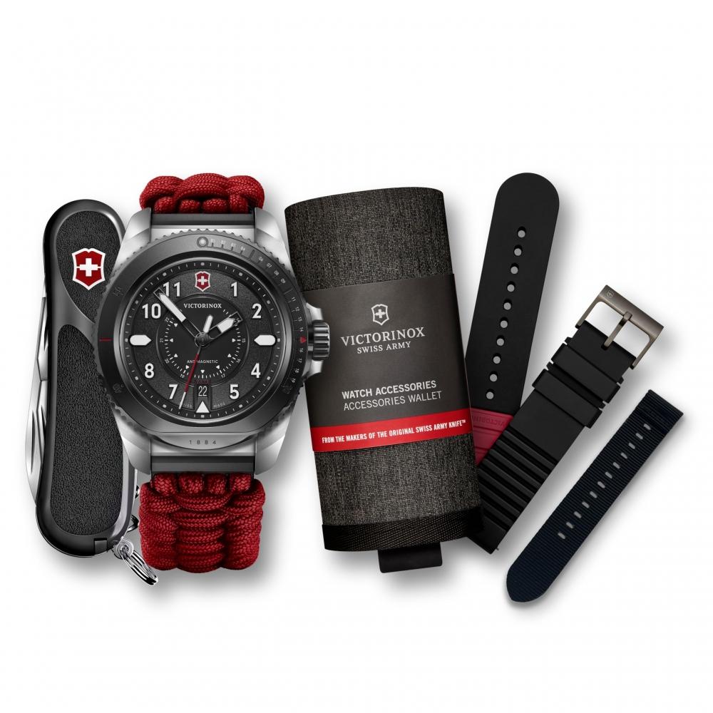 Victorinox Часы JOURNEY 1884 мужские с черным циферблатом, красным ремешком из паракорда, аксессуаром, кошельком, многофункциональным инструментом, резиновым ремешком в комплекте, кварцевым корпусом из нержавеющей стали (316