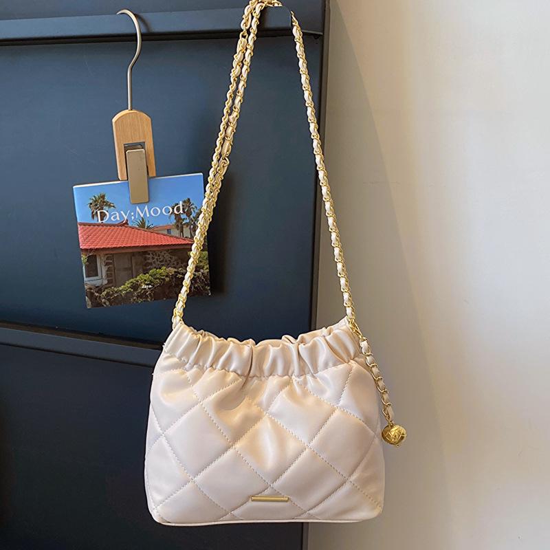 Модные плиссированные клетчатые сумки через плечо из искусственной кожи для женщин, повседневная сумка-ведро с цепочным ремнем