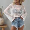 Crop Top Hollow Out Flare Sleeve Summer O Neck See Through