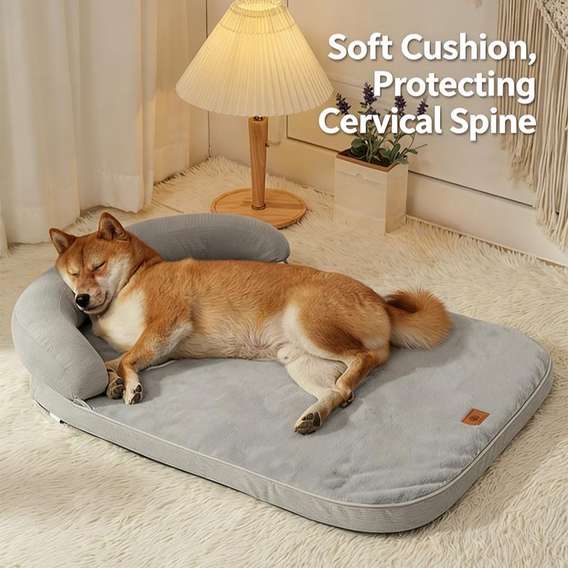 1PC Solid Color Corduroy Dog Sleeping Bed with Neck Protection Pillow Soft Warm Pet Cushion for Indoor Dogs Cats Sleep Supplies