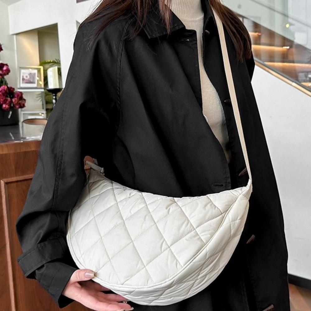 Quilted Half Moon Bag Padded Nylon Shoulder Bag Fashion Plaid Crossbody Bag Female