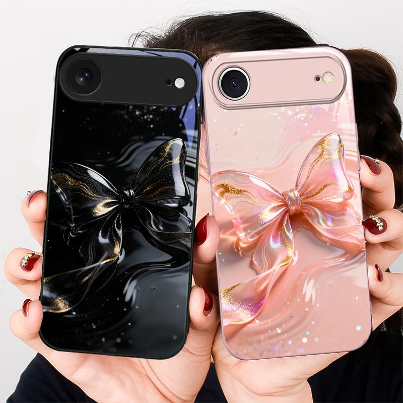 Прозрачный хрустальный бант Для iPhone 17 Air 16E 15 14 13 Plus 12 mini 17 Pro Max 11Pro XR X 16E 7 8 11 Закаленное стекло Чехол для телефона