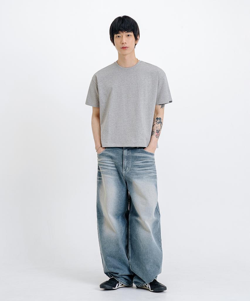 LEMAIN SECOND Crop Plain Oversized Short Sleeve T-Shirt [Melange Gray]