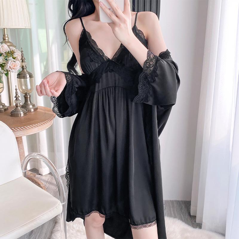 1011 Summer New Sexy Lace Edge Suspender Pajama Set, Homewear Pajama Pure Desire Wind Suspender Robe
