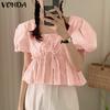 Women Summer Square Neck Bubble Short Sleeve Plaid Blouses