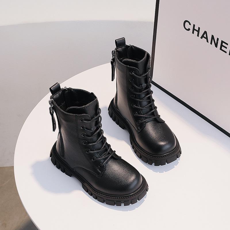 Зима 2025 Ботильоны Мартенсы для девочек с бархатом, кожаные в стиле принцессы для маленьких и больших детей