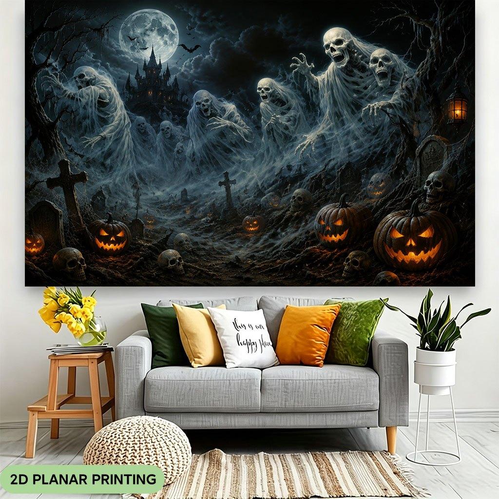 1 piece of 2D flat banner, Halloween pumpkin ghost night horror, polyester fabric background cloth