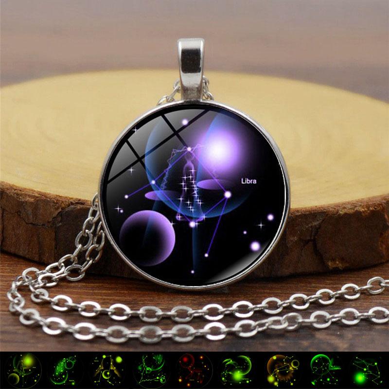 Glowing Zodiac Constellation Gemstone Pendant Necklace Vintage Versatile Sweater Chain Jewelry Accessory