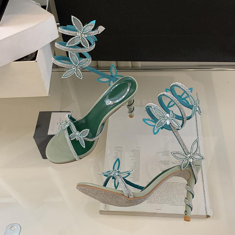 Liyke дизайнерские зеленые сандалии-гладиаторы на высоком каблуке женские модные туфли-бабочки со стразами на щиколотке с змеиным узором вокруг вечеринки для выпускного вечера