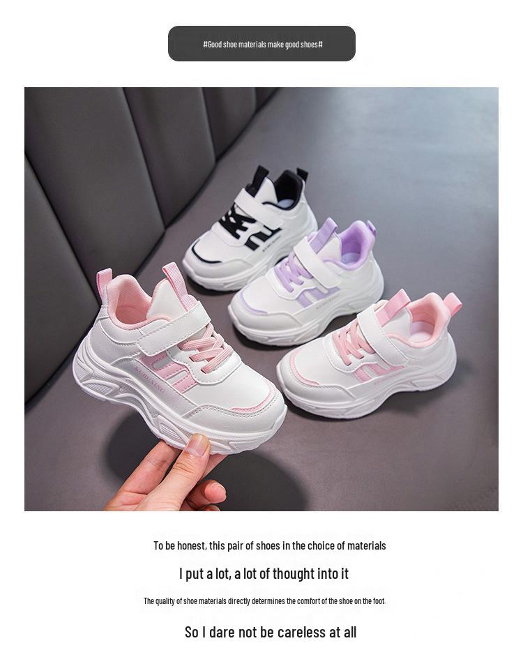 Kids' White and Black Leather Breathable Sports Shoes for Spring and Autumn - Boys and Girls