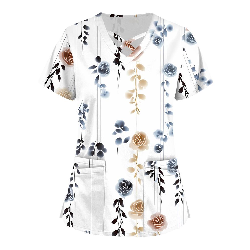 Women's Short Sleeve Stagger V Neck Print Pocket Dry-nurse Top