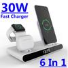 6 In 1 30W Fast Wireless Charger Clock Pad for iPhone 14 13 12 11 Pro Wireless Charging Stand for Apple Watch 8 7 6 SE AirPods Pro