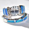 New Trendy Bridal Sets Women Ring Four Prong Setting Cubic Zirconia Blue Imitation Opal Wedding Engagement Party Jewelry
