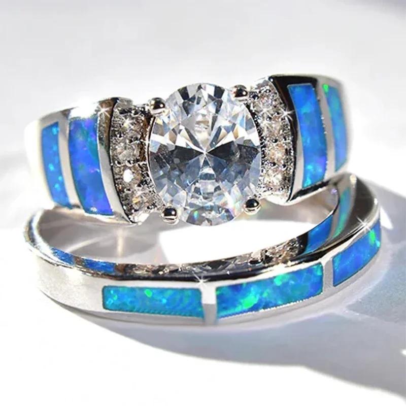 New Trendy Bridal Sets Women Ring Four Prong Setting Cubic Zirconia Blue Imitation Opal Wedding Engagement Party Jewelry