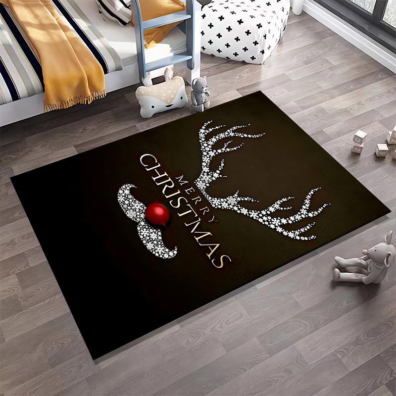 Reindeer Antlers and Merry Christmas Design Rug Non-slip rug suitable for living room and bedroom sofas.