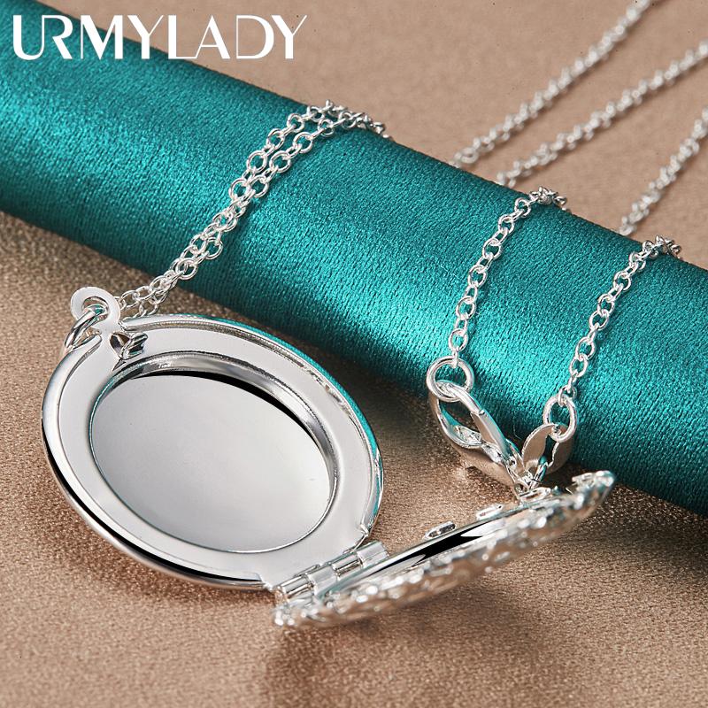 URMYLADY 925 Sterling Silver Round Picture Frame Pendant Necklace Chain For Women Wedding Engagement Charm Jewelry