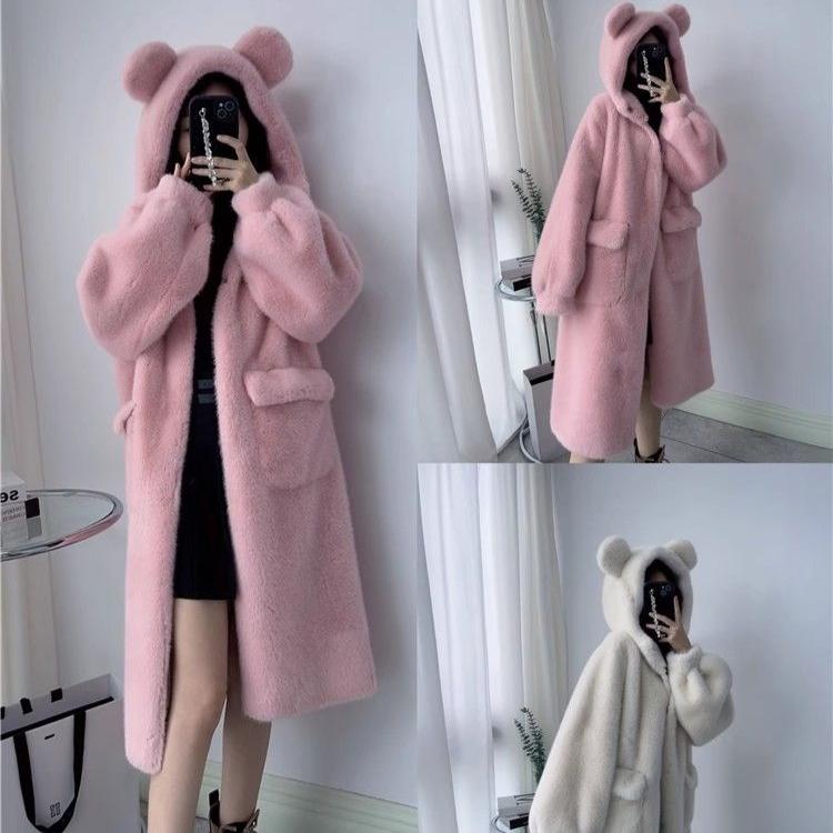 Теплое пальто с капюшоном из искусственного меха женское зимнее милое на флисовой подкладке толстое длинное универсальное