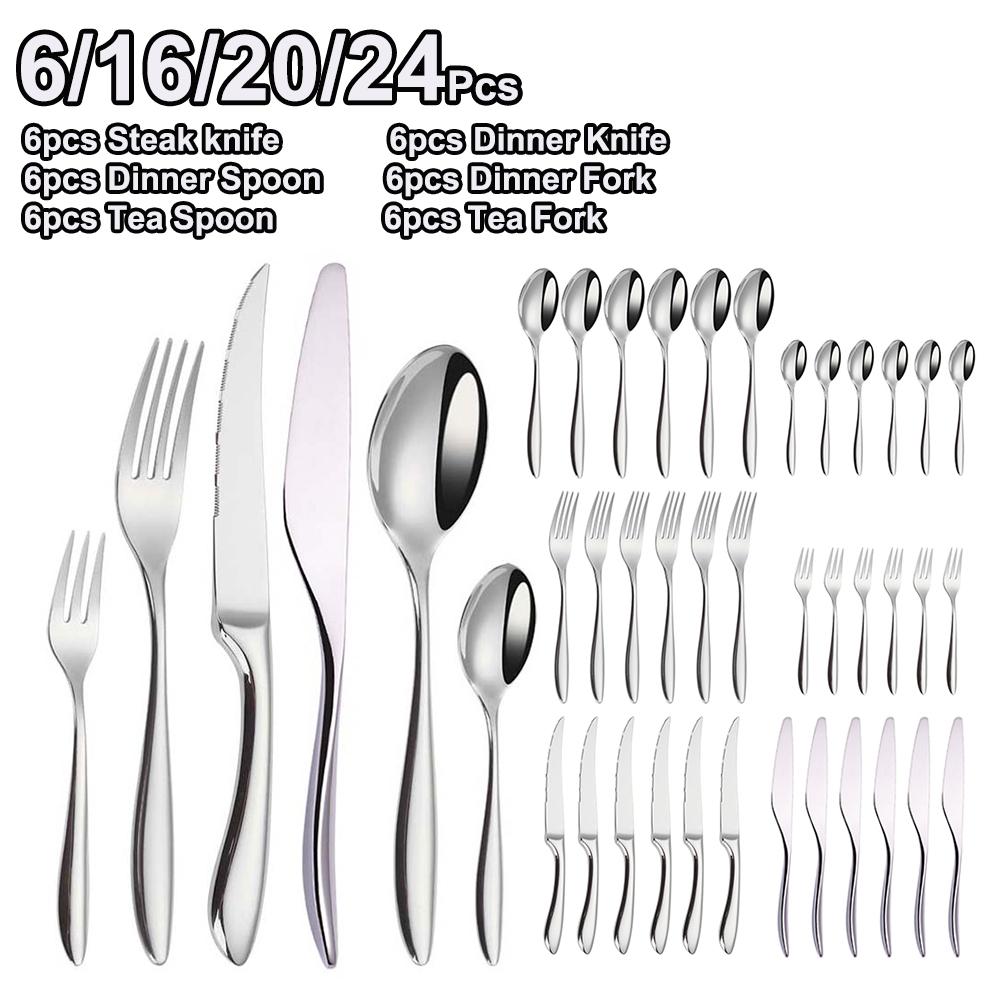 6/16/20/24 шт. Серебряная посуда из нержавеющей стали 304, набор столовых приборов, западный нож, вилка, ложка, зеркальный обеденный набор, элегантные столовые приборы