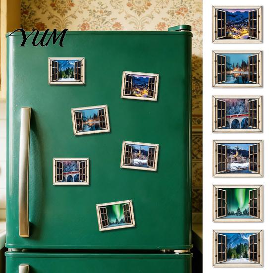 Decorative Whiteboard Accessory 1/6Pcs Fake Window Fridge Magnet, Wooden Natural Scenery Refrigerator Ornament Magnetic Decoration for Kitchen Office