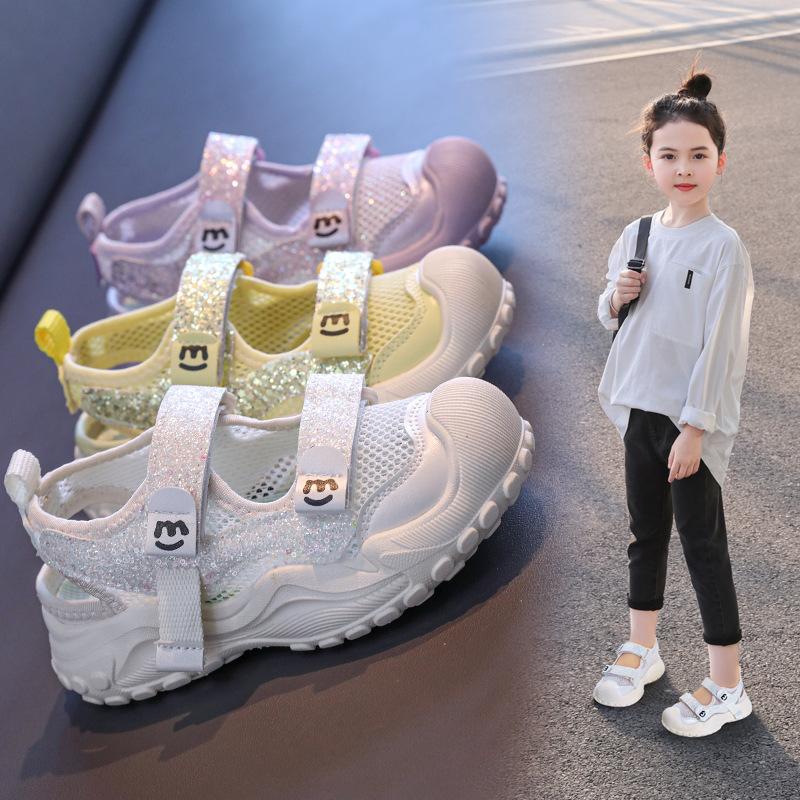 Children's Sparkling Princess Sports Sandals2026New Summer Solid Color Single Mesh Hollow Velcro Casual Shoes