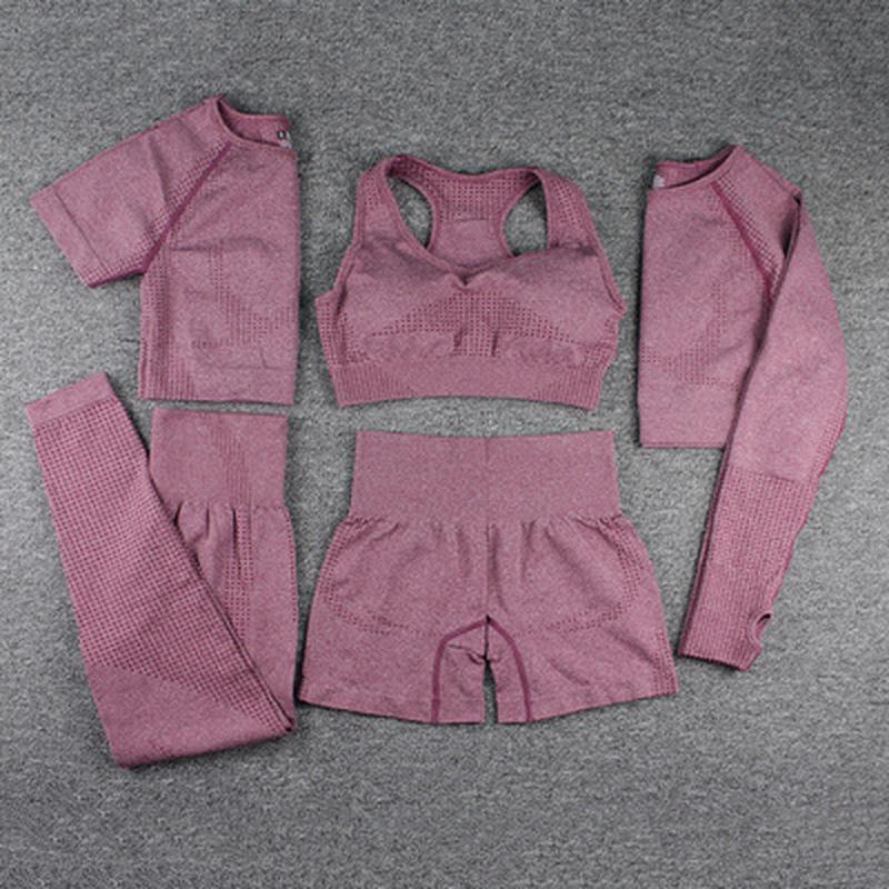 Бесшовный женский комплект для йоги, 3/5 шт., спортивная одежда для тренировок, одежда для спортзала, укороченный топ с длинными рукавами для фитнеса, леггинсы с высокой талией, спортивные костюмы