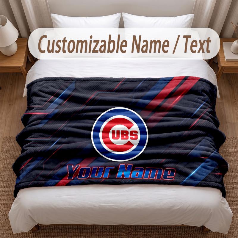 Chicago Cubs Printed Flannel Blanket Custom Name Text Soft Warm Throw For Bedroom Holiday Gift