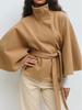 Women's Autumn/Winter Solid Color Cloak Trench Coat with Stand-up Collar and Waist Belt