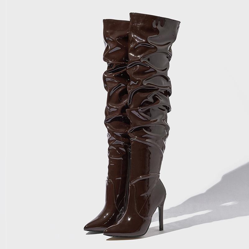Sexy Pointed Toe Zip Patent Leather Thigh High Over The Knee Boots Women Party Strip Pole Dance Shoes Autumn Winter Heels