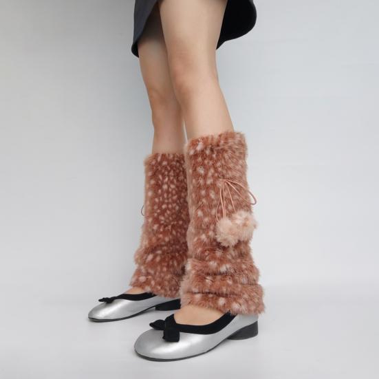 Deer Print Leg Warmers Women Faux Fur Fuzzy Calf Warmers with Pompoms Fluffy Boot Cuffs Cover for Sneakers Girls Winter Street Wear
