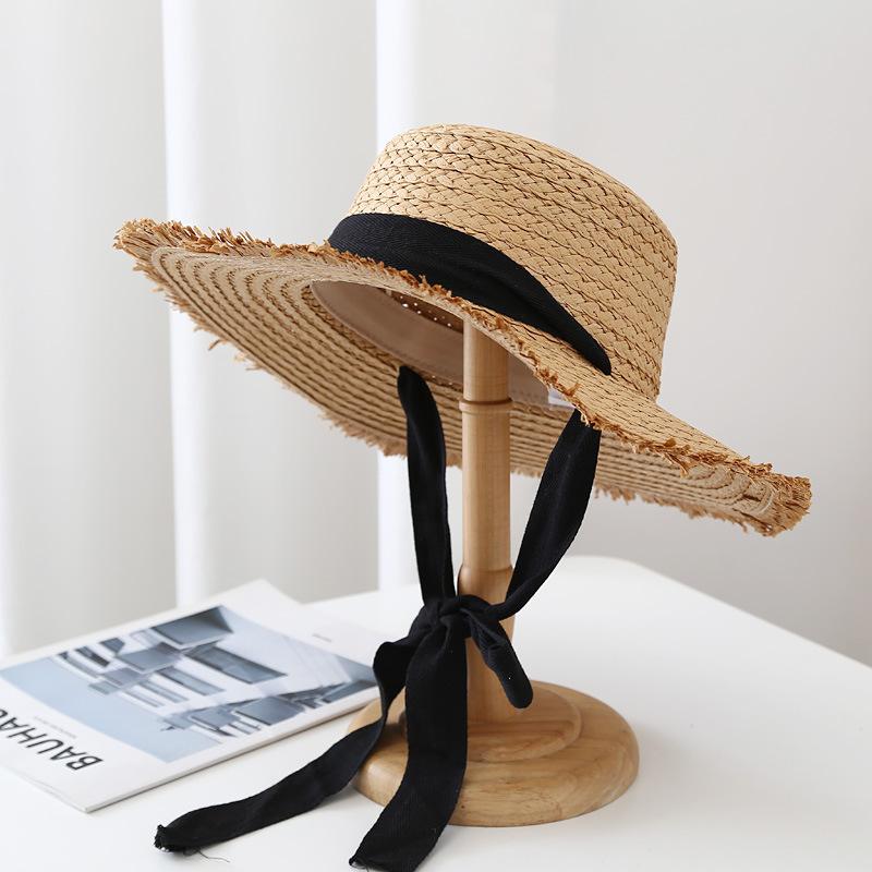 Мохнатая плетеная соломенная шляпа Солнцезащитная шляпа Летняя шляпа с плоским верхом Завязанная лентой Отпускная солнцезащитная шляпа Пляжная