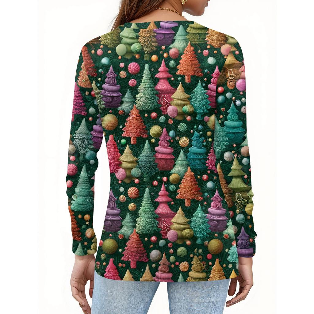 Женская футболка с рождественским принтом на пуговицах с длинным рукавом, повседневная, выходного дня, модная, базовая, с V-образным вырезом, обычная
