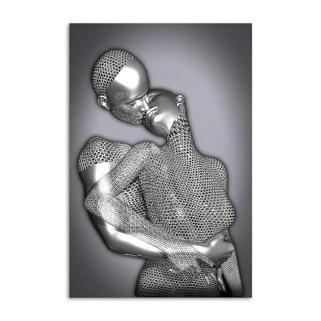 Абстрактная пара Скульптура Холст Картина Красное сердце Металлическая статуя Плакаты для влюбленных Настенная картина для гостиной Украшение дома